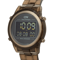 Close-up of the Daniel Wellington Retro Digital Dark Brown Dark Brown watch, highlighting its transparent dark brown link strap, round case, and clear digital chronograph display with dual time functionality.