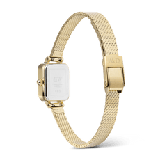 Quadro Mini Reflection Gold displays its stainless steel case back and adjustable gold mesh strap with a secure clasp, highlighting the durable construction and elegant finish.