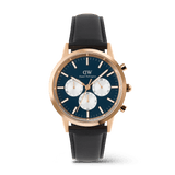 Iconic Chronograph Sheffield Arctic Panda Rose Gold men's watch featuring a deep blue dial with white sub-dials, rose gold case, and a classic black leather strap.