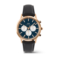 Iconic Chronograph Sheffield Arctic Panda Rose Gold men's watch featuring a deep blue dial with white sub-dials, rose gold case, and a classic black leather strap.
