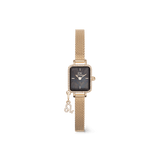 Elegant Daniel Wellington Quadro Mini Crystal Zodiac Evergold Set featuring a rectangular gold case with crystal detailing, a black mother of pearl dial, and an adjustable gold mesh strap with a crystal zodiac charm.