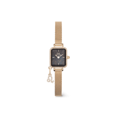 Elegant Daniel Wellington Quadro Mini Crystal Zodiac Evergold Set featuring a rectangular gold case with crystal detailing, a black mother of pearl dial, and an adjustable gold mesh strap with a crystal zodiac charm.