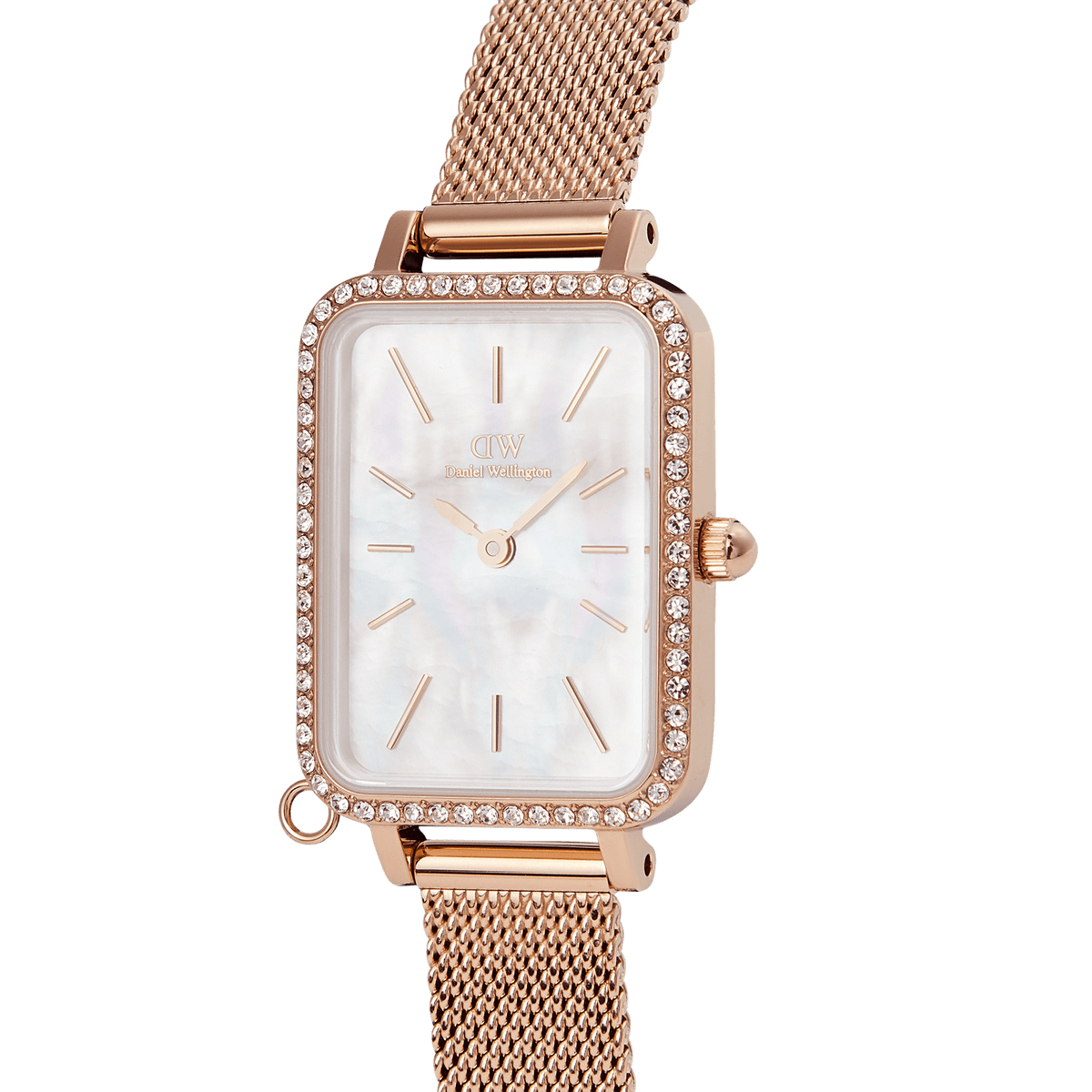 Close-up of the Quadro Crystal Zodiac Melrose Set watch, showcasing its rectangular rose gold case with a crystal-framed bezel, white mother of pearl dial, and an elegant rose gold mesh strap.