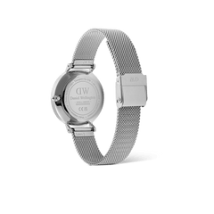 Back view of the Petite Lune Sterling ladies watch, showing the engraved stainless steel case, adjustable silver mesh strap, and secure clasp for a comfortable and refined fit.