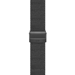 Smartwatch Strap Sandblasted Mesh Black featuring a close-up of the adjustable clasp and fine sandblasted black stainless steel mesh, designed for comfort and a secure fit.