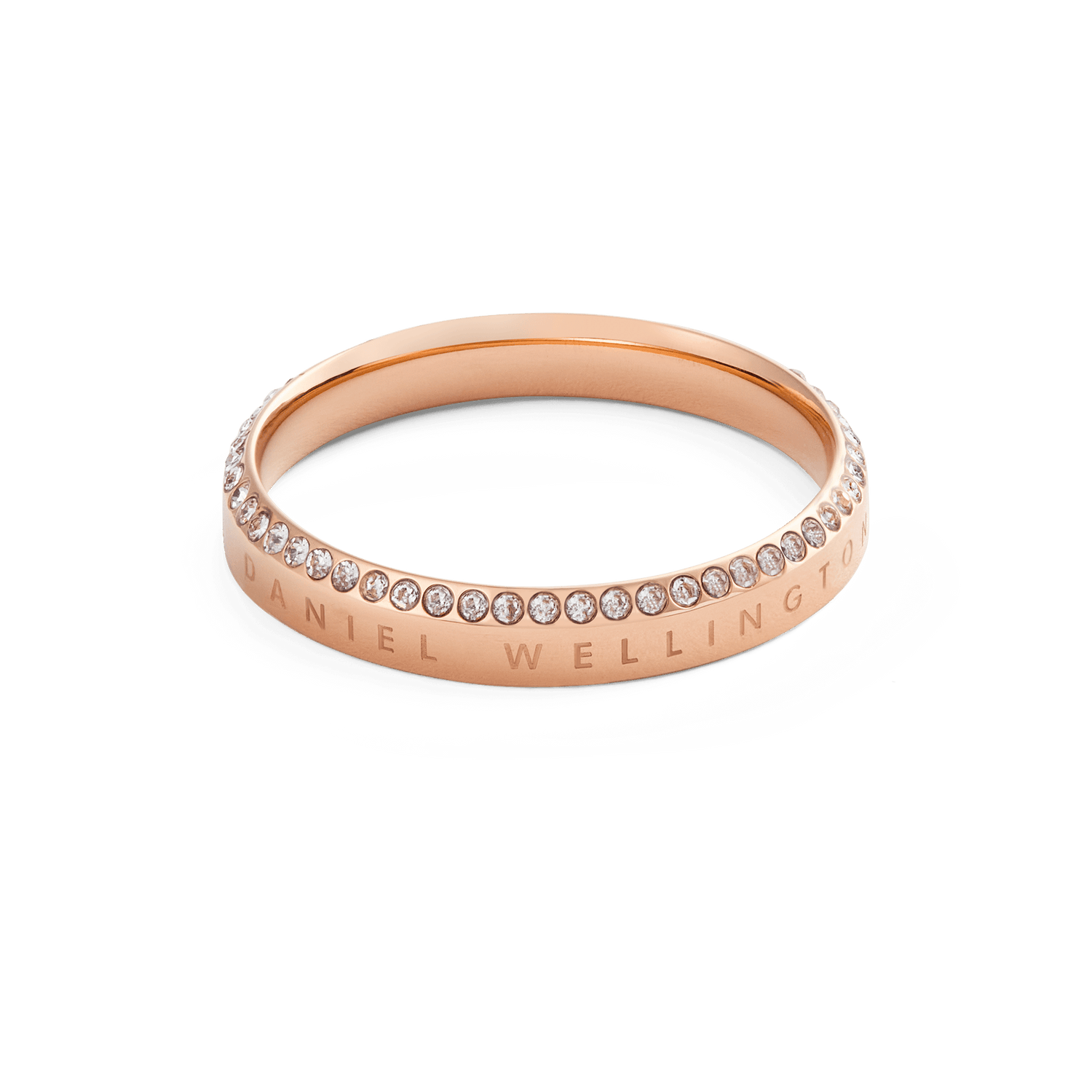 Classic Aura Ring Rose Gold with a slim rose gold band, featuring a row of white crystals along the chamfered edge and subtle engraved branding for a modern, elegant touch.