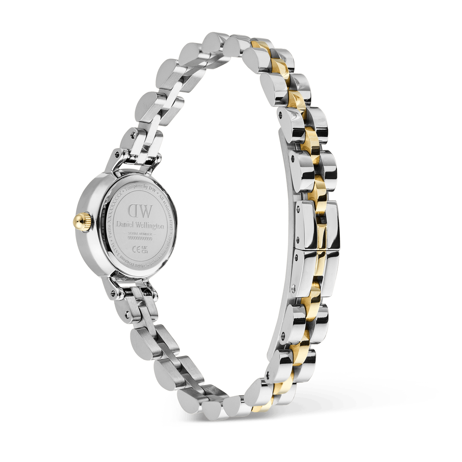 Back view of the Petite Mini Arch 3-Link Two Tone Gold watch showing the engraved stainless steel case, gold crown, and polished gold and silver 3-link bracelet with an open butterfly clasp.
