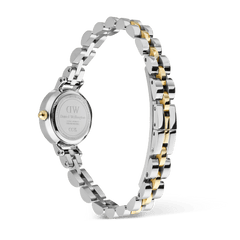 Back view of the Petite Mini Arch 3-Link Two Tone Gold watch showing the engraved stainless steel case, gold crown, and polished gold and silver 3-link bracelet with an open butterfly clasp.