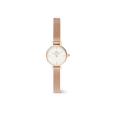 Petite Mini Melrose ladies watch with a slim rose gold mesh strap and a minimalist white dial, designed for everyday elegance and comfort.