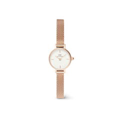 Petite Mini Melrose ladies watch with a slim rose gold mesh strap and a minimalist white dial, designed for everyday elegance and comfort.