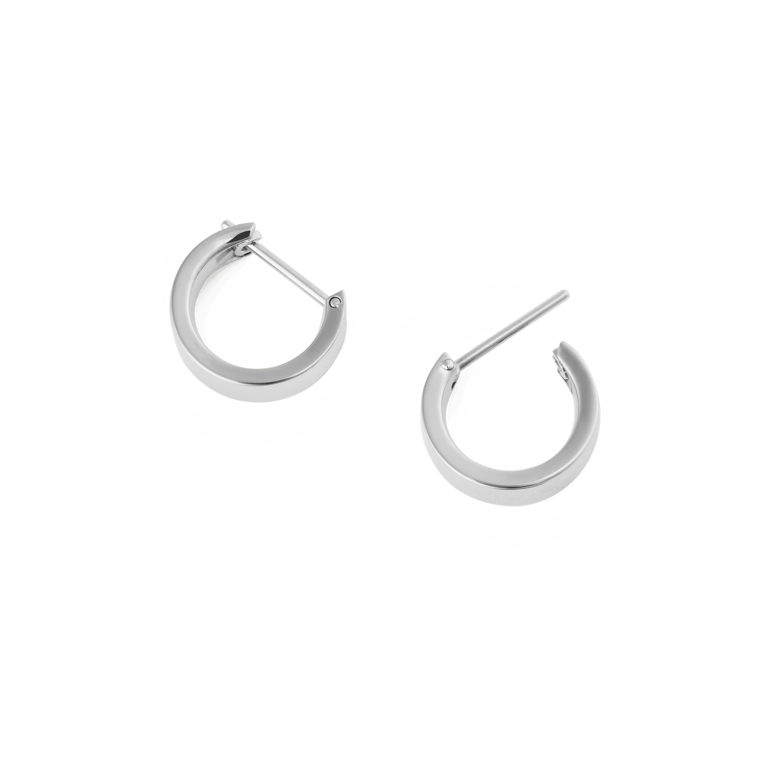 A pair of Line Earring Polished Silver 3.5mm hoop earrings shown open, highlighting their minimalist design, polished silver finish, and latch-back closure.