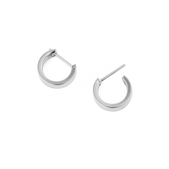 A pair of Line Earring Polished Silver 3.5mm hoop earrings shown open, highlighting their minimalist design, polished silver finish, and latch-back closure.