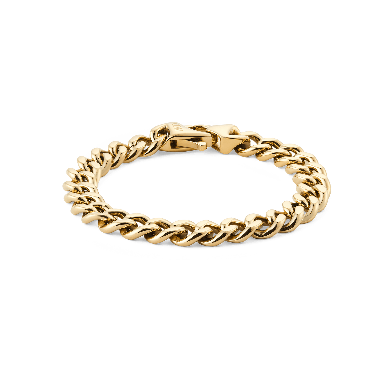 Chunky gold Cuban chain bracelet with polished links and a secure lobster clasp, featuring a bold, classic design suitable for men’s everyday or formal wear.
