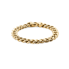 Chunky gold Cuban chain bracelet with polished links and a secure lobster clasp, featuring a bold, classic design suitable for men’s everyday or formal wear.