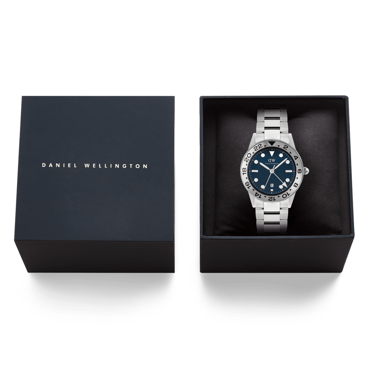 Daniel Wellington Iconic GMT Link Brushed Bezel Silver watch with a blue dial and stainless steel bracelet, elegantly presented in its branded gift box.