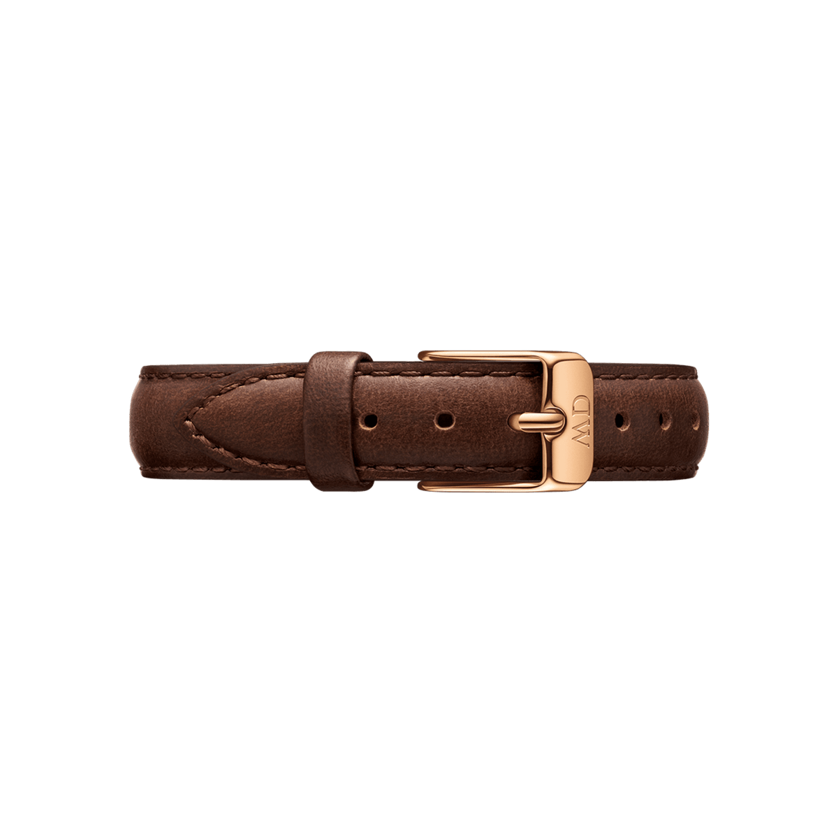 Bristol Strap Rose Gold in brown genuine leather with detailed stitching and a rose gold buckle, shown in a smaller size suitable for petite watch cases.