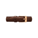 Bristol Strap Rose Gold in brown genuine leather with detailed stitching and a rose gold buckle, shown in a smaller size suitable for petite watch cases.