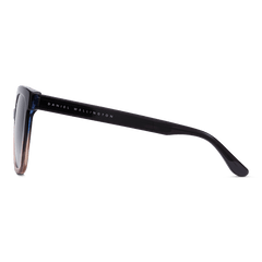 Side view of the Grande Bio-Acetate Blue Coral Blue sunglasses by Daniel Wellington, showing the sleek dark blue acetate arm with branded detailing and the gradient frame.
