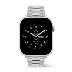 Apple Watch with the Smartwatch Iconic Link Silver strap, showcasing a brushed and polished stainless steel 3-link design and butterfly buckle, ideal for both business and everyday use.