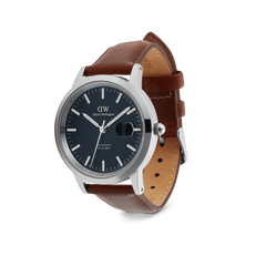 Iconic St Mawes Automatic Silver men’s watch with a polished silver case, arctic blue enamel dial, glow-in-the-dark markers, and a brown Italian leather strap with visible stitching.