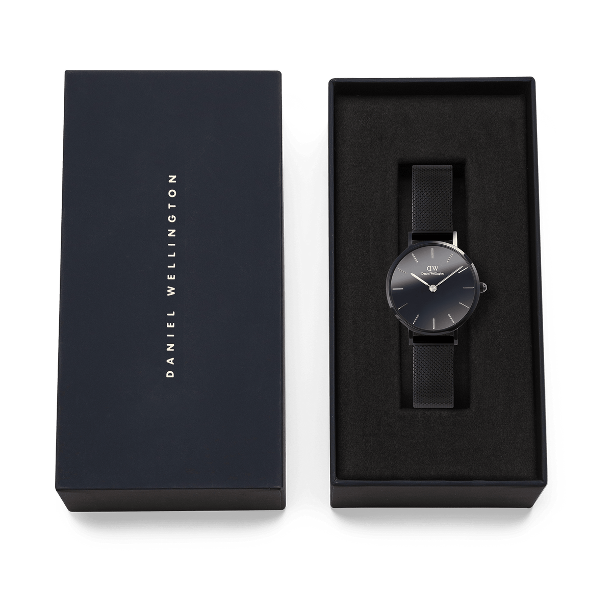 Daniel Wellington Petite Reflection Black watch with a black mesh strap and minimalist black dial, elegantly presented in a branded gift box.