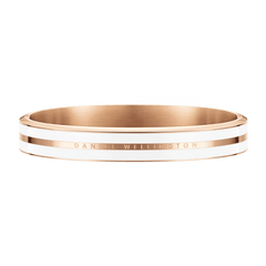 Emalie Infinite Rose Gold Satin White bracelet with a wide band, featuring polished rose gold and white enamel, and a subtle engraved logo for a contemporary, elegant style.