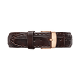 York Strap Rose Gold features a rich brown croc embossed genuine leather strap with a polished rose gold buckle, detailed stitching, and multiple adjustment holes for a secure, comfortable fit.