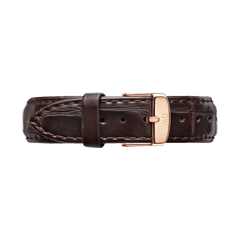 York Strap Rose Gold features a rich brown croc embossed genuine leather strap with a polished rose gold buckle, detailed stitching, and multiple adjustment holes for a secure, comfortable fit.