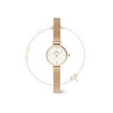 Petite Mini & Zodiac Bracelet Gold Set featuring a petite gold mesh strap watch with a white dial and a delicate gold chain bracelet adorned with a crystal zodiac charm, styled for elegant everyday wear.