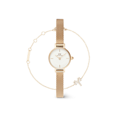 Petite Mini & Zodiac Bracelet Gold Set featuring a petite gold mesh strap watch with a white dial and a delicate gold chain bracelet adorned with a crystal zodiac charm, styled for elegant everyday wear.