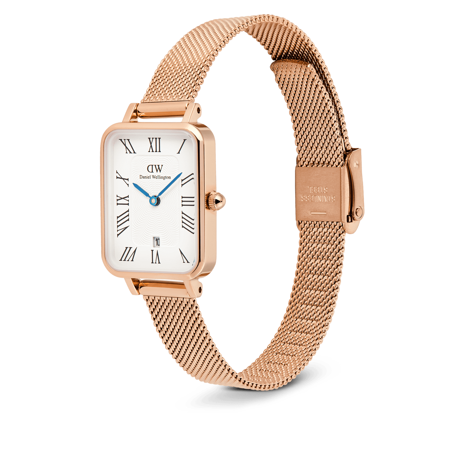 Quadro Melrose Roman Numerals Date ladies watch with a rose gold rectangular case, white dial, blue hands, Roman numerals, and an adjustable rose gold mesh strap, shown in a side angle to highlight its slim profile and clasp detail.