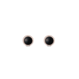 Audrey Earrings Black Agathe Rose Gold feature round black agate stones set in rose gold, each surrounded by a halo of sparkling white cubic zirconia for a refined, modern look.