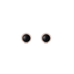 Audrey Earrings Black Agathe Rose Gold feature round black agate stones set in rose gold, each surrounded by a halo of sparkling white cubic zirconia for a refined, modern look.