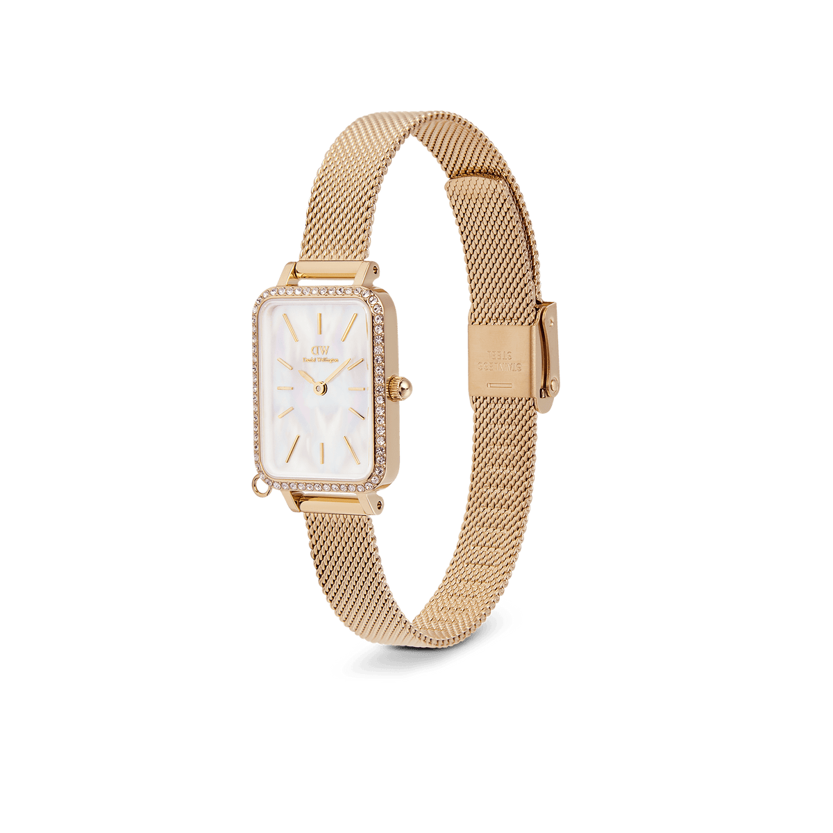 Quadro Crystal Zodiac Evergold Set gold ladies watch by Daniel Wellington with a rectangular crystal-set bezel, white mother of pearl dial, minimalist gold hour markers, and an elegant gold mesh strap.