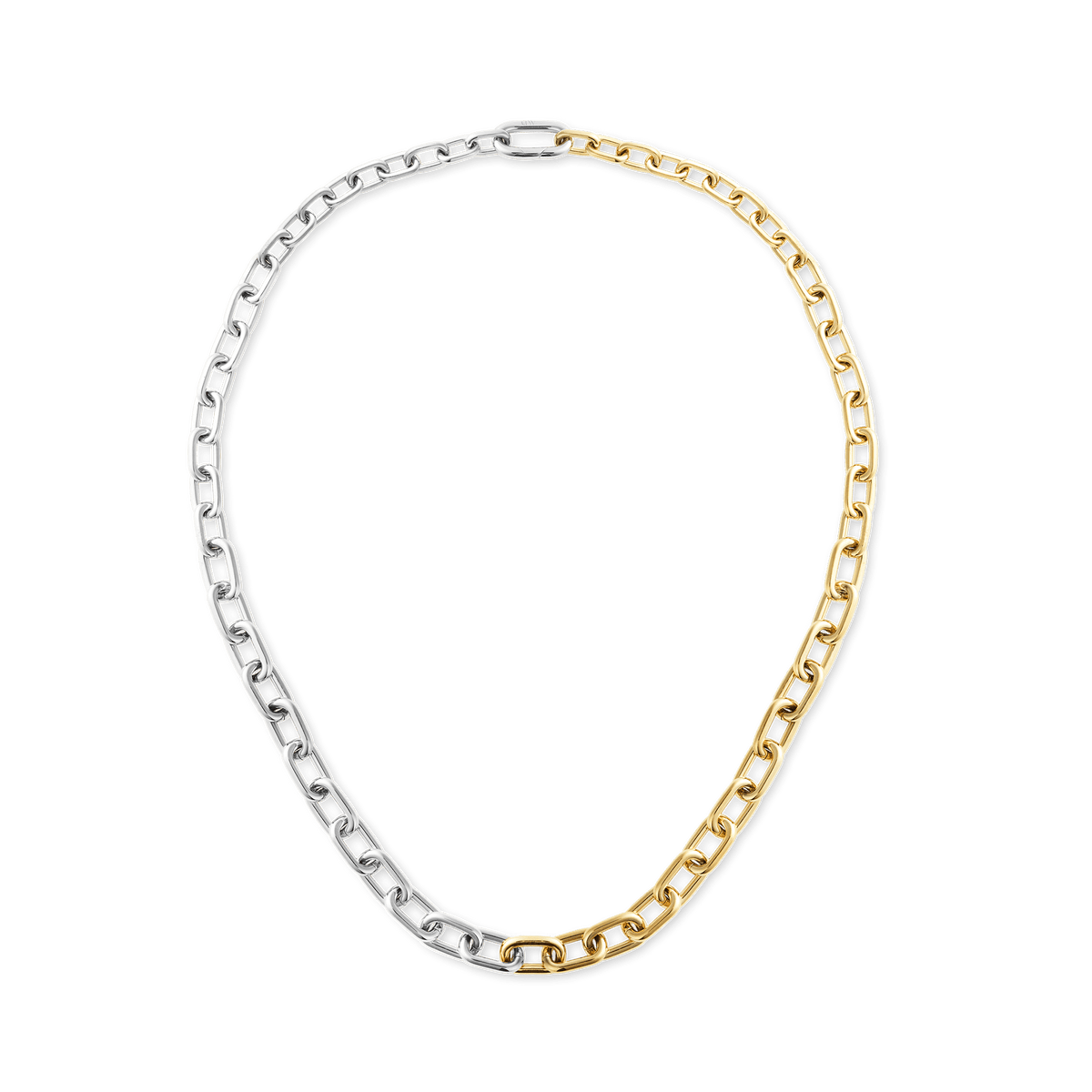 Contrast Link Necklace Two Tone Gold features a modern chain design with alternating gold and silver links, creating a bold yet refined look that sits elegantly at the collarbone.