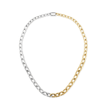 Contrast Link Necklace Two Tone Gold features a modern chain design with alternating gold and silver links, creating a bold yet refined look that sits elegantly at the collarbone.