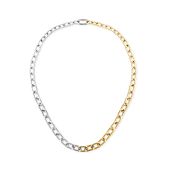 Contrast Link Necklace Two Tone Gold features a modern chain design with alternating gold and silver links, creating a bold yet refined look that sits elegantly at the collarbone.