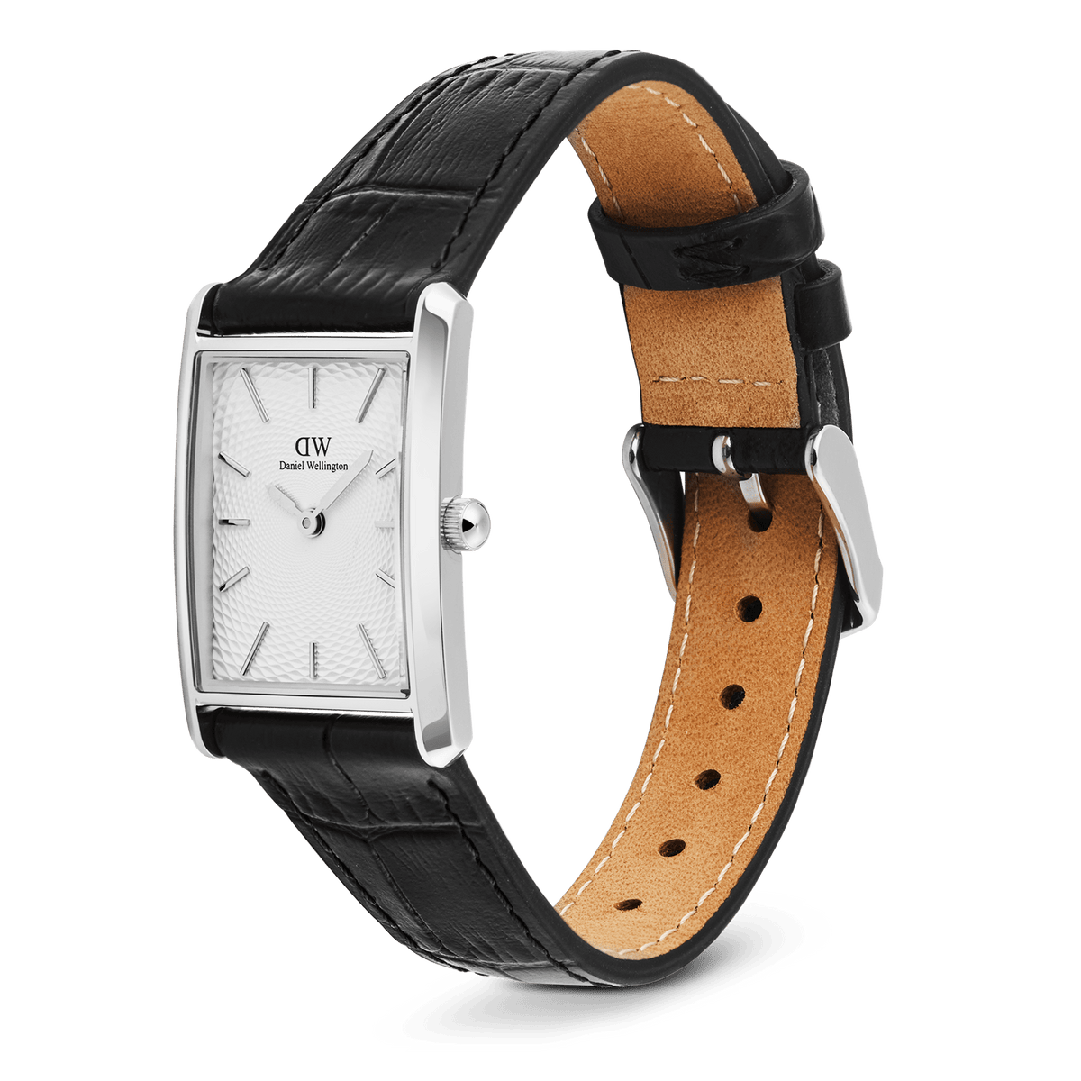 Bound Black Crocodile Guilloché Silver watch with a rectangular polished silver case, white guilloché-patterned dial, and a black crocodile-embossed genuine leather strap featuring a pin buckle closure.