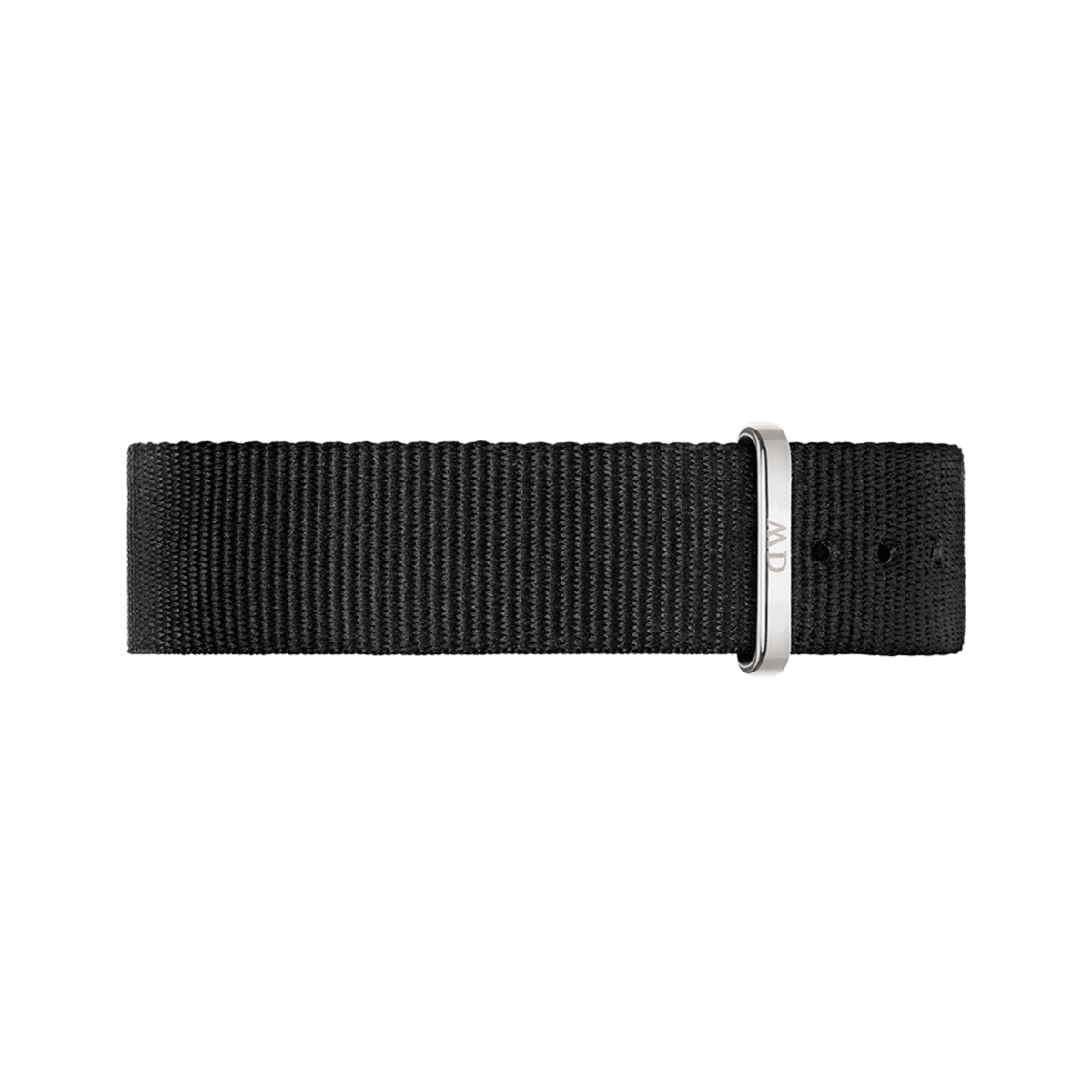 Cornwall Strap Silver displays a durable black polyester NATO style watch strap with a slim silver buckle and multiple adjustment holes for a secure, comfortable fit.