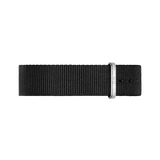 Cornwall Strap Silver displays a durable black polyester NATO style watch strap with a slim silver buckle and multiple adjustment holes for a secure, comfortable fit.