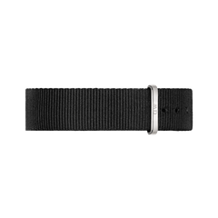 Cornwall Strap Silver displays a durable black polyester NATO style watch strap with a slim silver buckle and multiple adjustment holes for a secure, comfortable fit.
