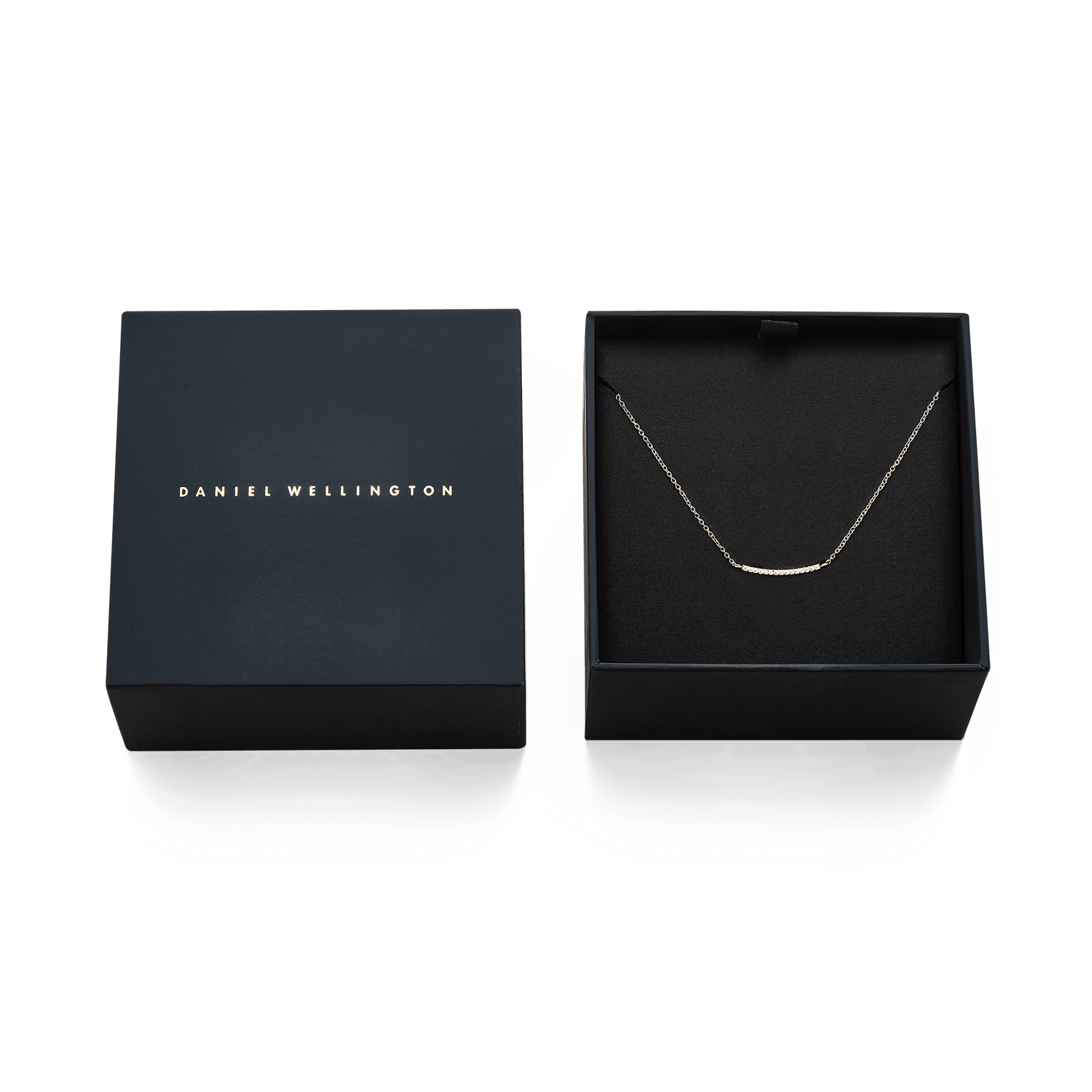 Mirelle Eternity Necklace Gold displayed in an open Daniel Wellington gift box, highlighting its delicate gold chain and sparkling cubic zirconia bar pendant, ideal for gifting or special occasions.