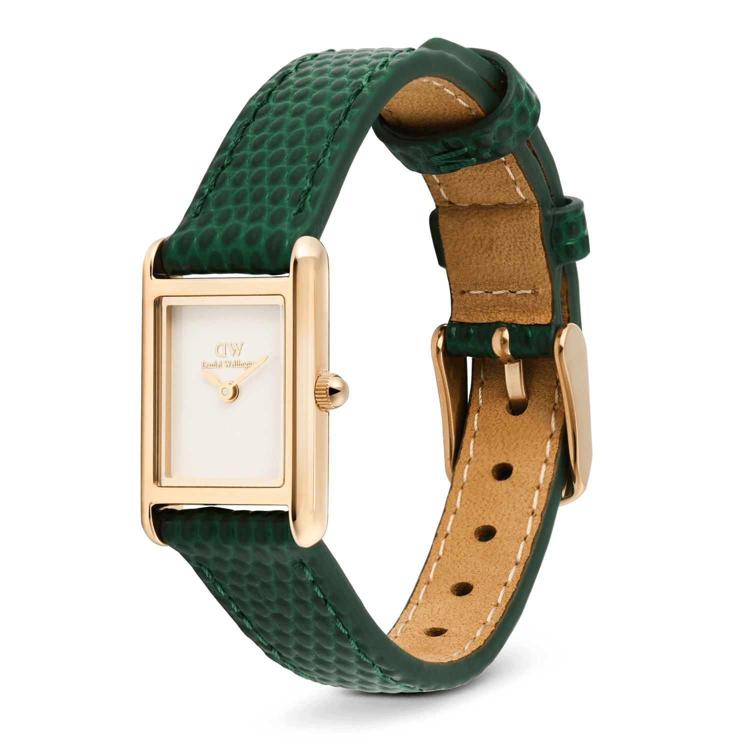Bound Mini Green Lizard Rose Gold watch with a rectangular rose gold case, minimalist white dial, and adjustable green lizard-embossed leather strap, shown at an angle to highlight its textured finish and slim profile.