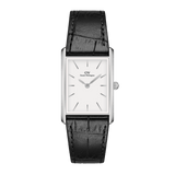 Rectangular Daniel Wellington Bound Black Crocodile Silver watch with a white minimalist dial, silver case, and black crocodile-embossed leather strap, suitable for both formal and casual wear.