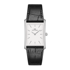 Rectangular Daniel Wellington Bound Black Crocodile Silver watch with a white minimalist dial, silver case, and black crocodile-embossed leather strap, suitable for both formal and casual wear.