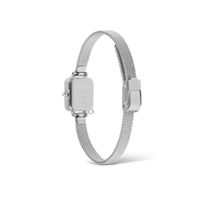 Rear view of the Quadro Mini Crystal Zodiac Sterling Set showing the polished stainless steel case back and adjustable silver mesh strap with a secure clasp.