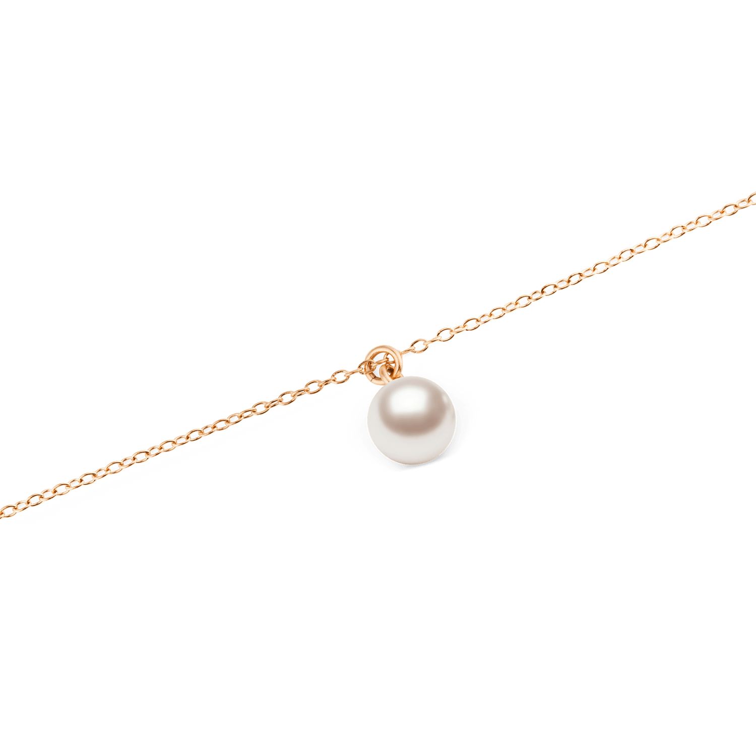 Close-up of the Pearl Necklace Rose Gold, showcasing its single Swarovski glass pearl pendant suspended from a fine rose gold chain with a polished, minimal design.