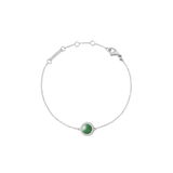 Slim silver bracelet with an adjustable chain, featuring a round green jade centrepiece surrounded by a halo of white cubic zirconia, and finished with a secure lobster clasp.