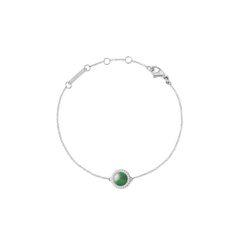 Slim silver bracelet with an adjustable chain, featuring a round green jade centrepiece surrounded by a halo of white cubic zirconia, and finished with a secure lobster clasp.