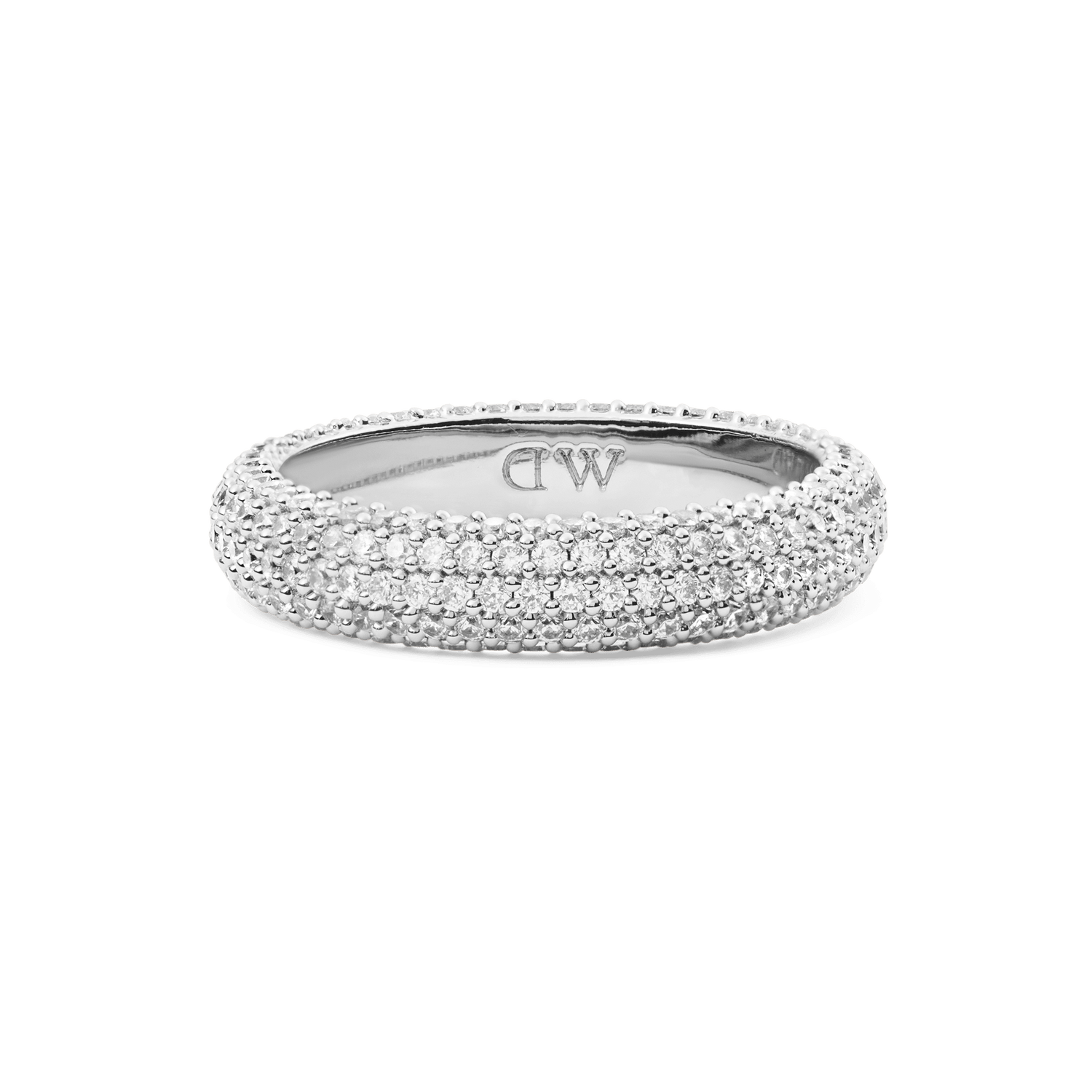 A silver pavé ring with a 5 mm wide band, featuring multiple rows of white cubic zirconia crystals for a sparkling, contemporary look suitable for stacking or wearing as a statement piece.